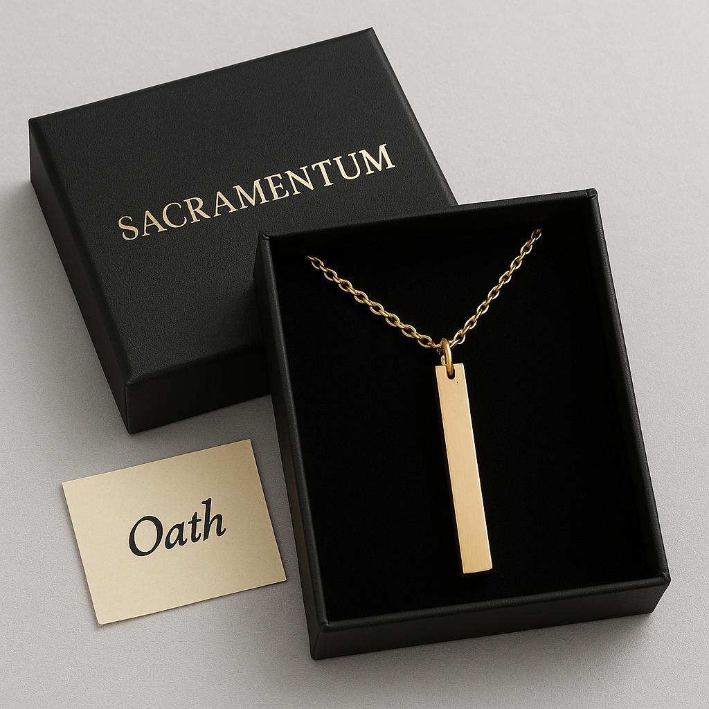 Gold necklace in a black 'Sacramentum' box with a gold card labeled 'Oath'.