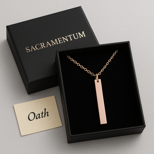 Rose gold necklace in a black 'Sacramentum' box with a 'Oath' card on a light gray background